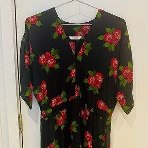 TUCKER NYC BLACK FLORAL PRINT / SILK / STRETCH WAIST DRESS Sz. S